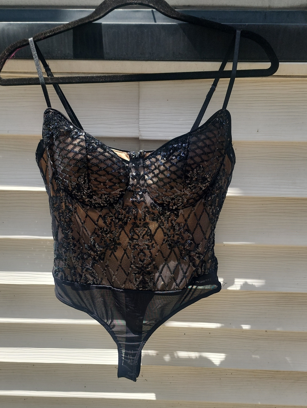 Lulu's Black and Nude Sequin Contrast Lined Bodysuit, Snap Closure